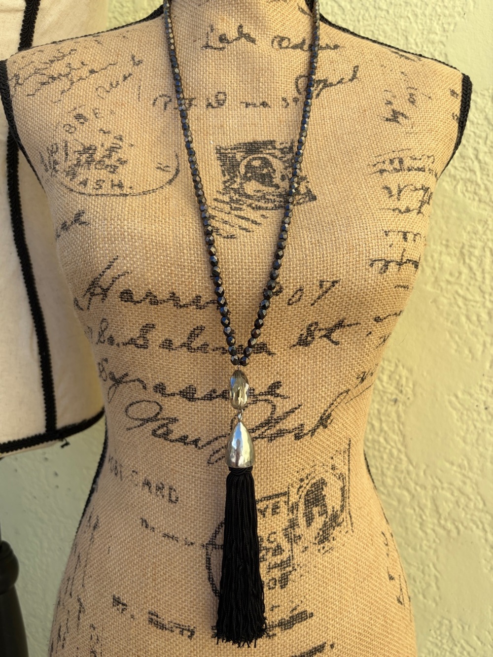 Chico's Black Glass Beaded Necklace with Silver-Tone Pendant and Black Tassel